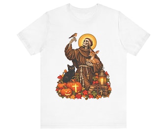Camiseta de San Francisco esqueleto / Camiseta católica de Halloween / Regalo para amantes de los animales / Santo espeluznante con ciervo y gato