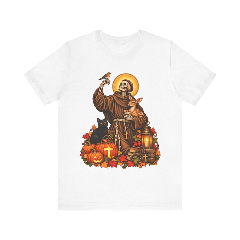 Skeleton St Francis Shirt | Catholic Halloween T-Shirt | Animal Lover Gift | Spooky Saint with Deer and Cat image 1