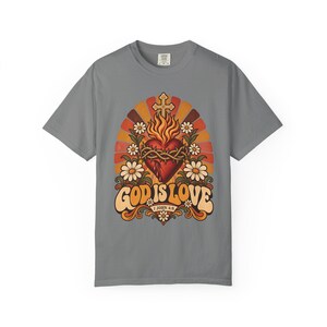 Retro Bible Verse Tee, 1 John 4 8 Sacred Heart Sunburst, Vintage Christian Gift for Mom, Boho Floral Scripture Apparel, Comfort Colors image 5