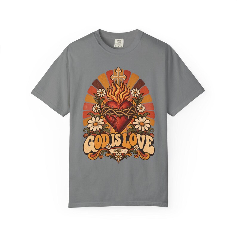 Retro Bible Verse Tee, 1 John 4 8 Sacred Heart Sunburst, Vintage Christian Gift for Mom, Boho Floral Scripture Apparel, Comfort Colors image 5