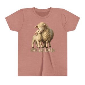 Kids Ewe Are Loved Shirt, Youth Lamb Tee, Sweet Christian Gift for Kids, Vintage Ewe and Lamb Painting image 1