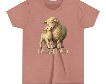 Kids Ewe Are Loved Shirt, Youth Lamb Tee, Sweet Christian Gift for Kids, Vintage Ewe and Lamb Painting
