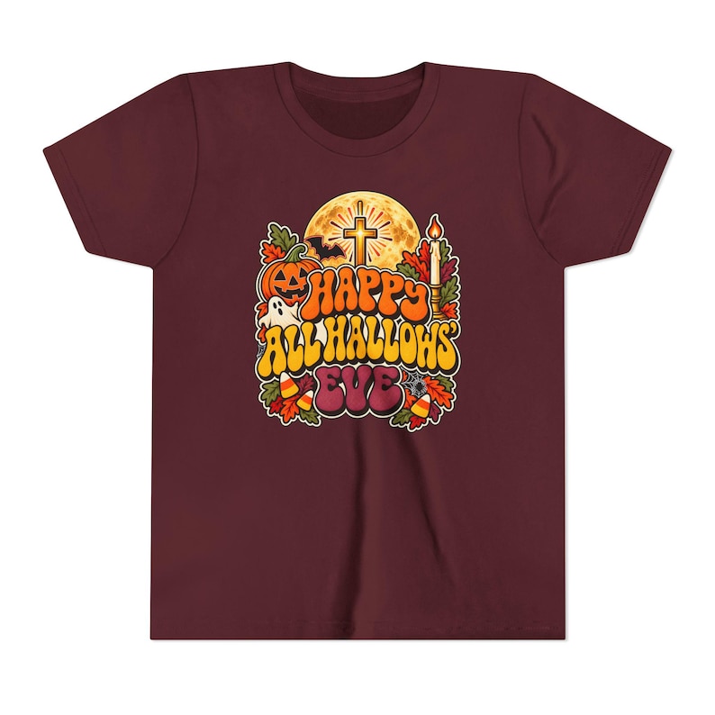 Kinder T-shirt met katholieke Halloween-opdruk, retro en groovy Halloween-shirt, pompoen met kruis en maan. afbeelding 7