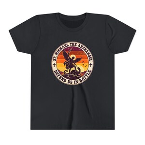 Kids Retro St Michael Badge Shirt, Youth Defend Us in Battle Tee, Catholic Boys Gift, Archangel Slaying Dragon Sunset image 9
