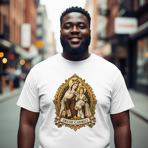 Mount Carmel Madonna Shirt, Brown Scapular Devotion Tee, Golden Frame Marian Art, Carmelite Virgin Mary Gift for Women, Catholic Apparel image 1