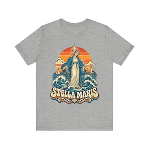 Stella Maris Shirt, Our Lady Star of the Sea Tee, Retro Catholic Beach Apparel, Virgin Mary Coastal Gift, Lighthouse and Sailboat Art image 1
