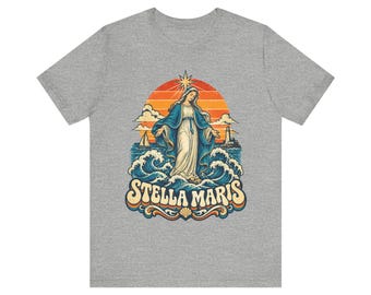 Stella Maris-skjorta, Our Lady Star of the Sea-tröja, retro katolska strandkläder, Jungfru Maria kustgåva, fyr- och segelbåtskonst