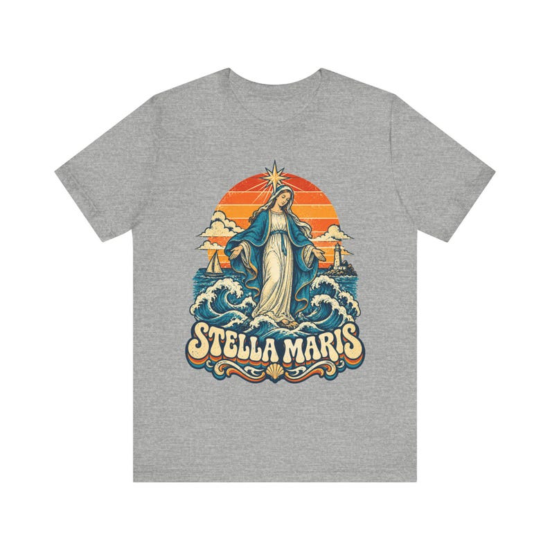 Stella Maris Shirt, Our Lady Star of the Sea Tee, Retro Catholic Beach Apparel, Virgin Mary Coastal Gift, Lighthouse and Sailboat Art image 1
