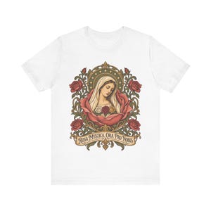 Rosa Mystica Shirt, Mystical Rose Virgin Mary Tee, Ora Pro Nobis Art Nouveau, Litany of Loreto Catholic Gift for Women, Marian Apparel image 2