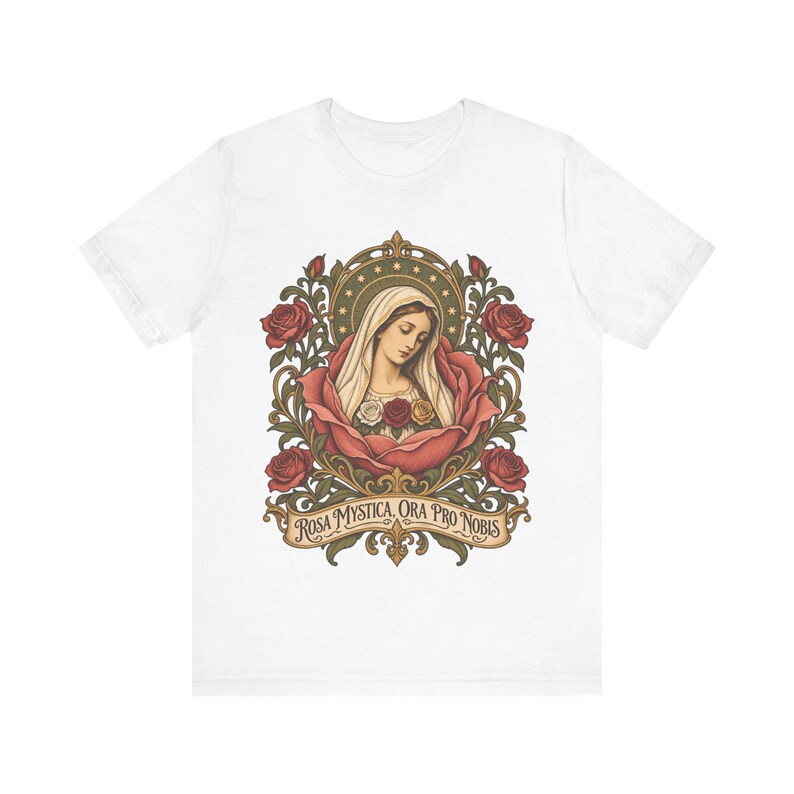 Rosa Mystica Shirt, Mystical Rose Virgin Mary Tee, Ora Pro Nobis Art Nouveau, Litany of Loreto Catholic Gift for Women, Marian Apparel image 2