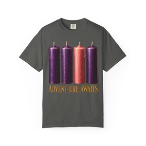 Advent-ure Awaits Comfort Colors Shirt | Catholic Advent T-Shirt | Gift for Catholic Family | Three Purple and One Rose Candle image 3