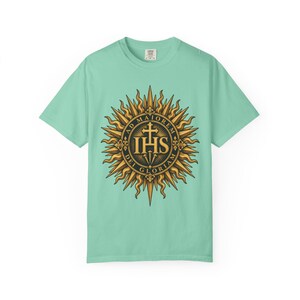 IHS Christogram Tee, AMDG Golden Sunburst, For the Greater Glory of God, Latin Catholic Gift for Jesuit Alumni or Graduates, Comfort Colors image 6