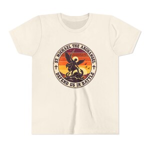 Kids Retro St Michael Badge Shirt, Youth Defend Us in Battle Tee, Catholic Boys Gift, Archangel Slaying Dragon Sunset image 6