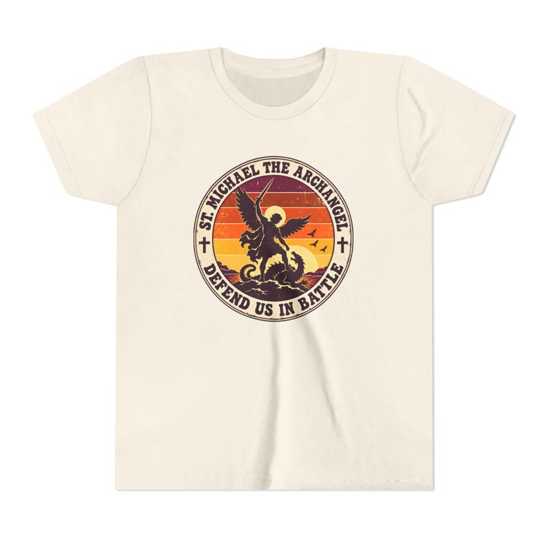 Kids Retro St Michael Badge Shirt, Youth Defend Us in Battle Tee, Catholic Boys Gift, Archangel Slaying Dragon Sunset image 6