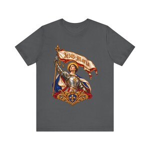St Joan of Arc Shirt, Jesus Maria Banner Maid of Orleans in Armor, Catholic Saint Tee, Confirmation Gift for Her, French Heroine Art image 4