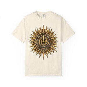 IHS Christogram Tee, AMDG Golden Sunburst, For the Greater Glory of God, Latin Catholic Gift for Jesuit Alumni or Graduates, Comfort Colors image 2
