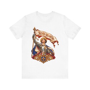 St Joan of Arc Shirt, Jesus Maria Banner Maid of Orleans in Armor, Catholic Saint Tee, Confirmation Gift for Her, French Heroine Art image 2