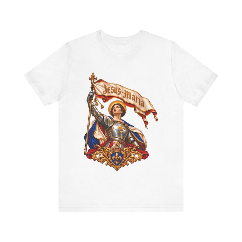 St Joan of Arc Shirt, Jesus Maria Banner Maid of Orleans in Armor, Catholic Saint Tee, Confirmation Gift for Her, French Heroine Art image 2