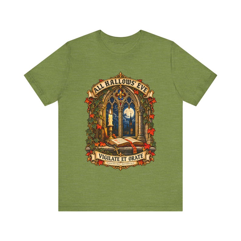 Maglietta di Ognissanti / Maglietta cattolica di Halloween / Regalo gotico / Vigilate et Orate, Finestra della chiesa illuminata dalla luna immagine 4