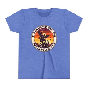 Kids Retro St Michael Badge Shirt, Youth Defend Us in Battle Tee, Catholic Boys Gift, Archangel Slaying Dragon Sunset image 13