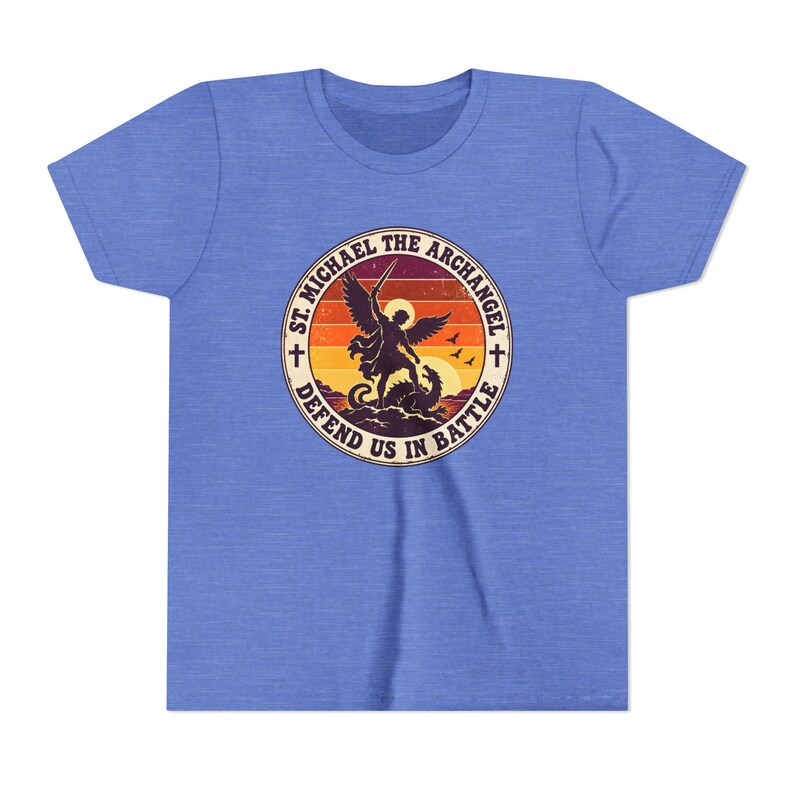 Kids Retro St Michael Badge Shirt, Youth Defend Us in Battle Tee, Catholic Boys Gift, Archangel Slaying Dragon Sunset image 13