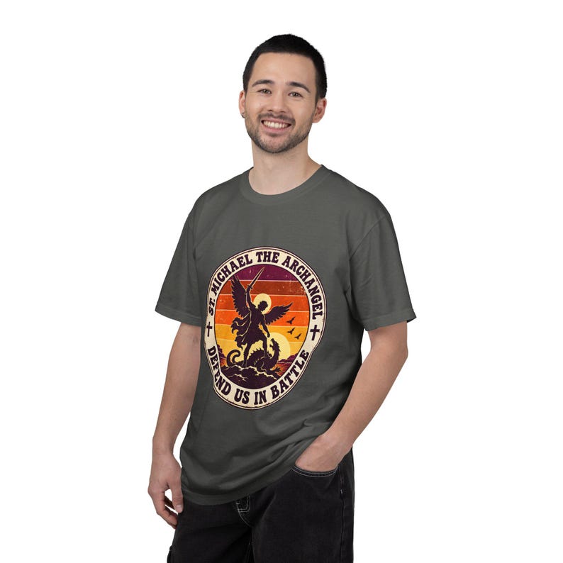 Retro St Michael Badge Tee, Defend Us in Battle Sunset, Archangel Slaying Dragon, Vintage Catholic Shirt, Men's Gift, Comfort Colors image 8