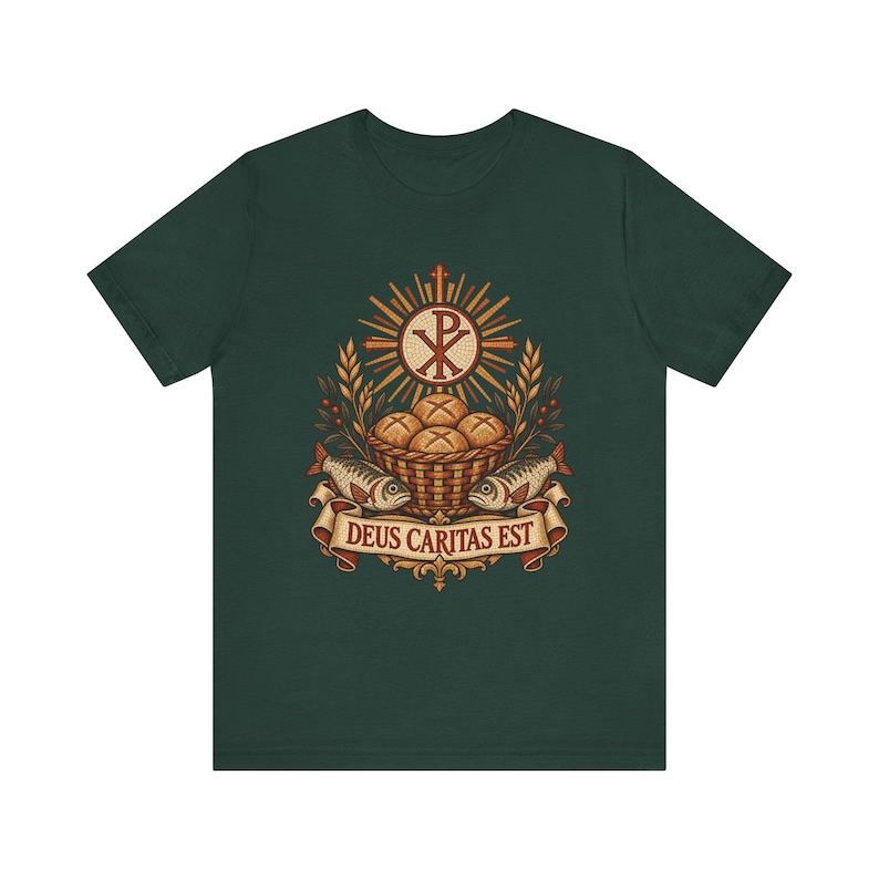Deus Caritas Est Shirt, Loaves and Fishes Mosaic Tee, Chi Rho Early Christian Art, Catholic Volunteer Gift, Ichthys Fish and Bread Apparel image 4