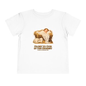 Toddler Glory to God in the Highest Tee, Nativity Christmas Shirt, Catholic Christmas Gift for Toddlers, Baby Jesus and Lamb image 1