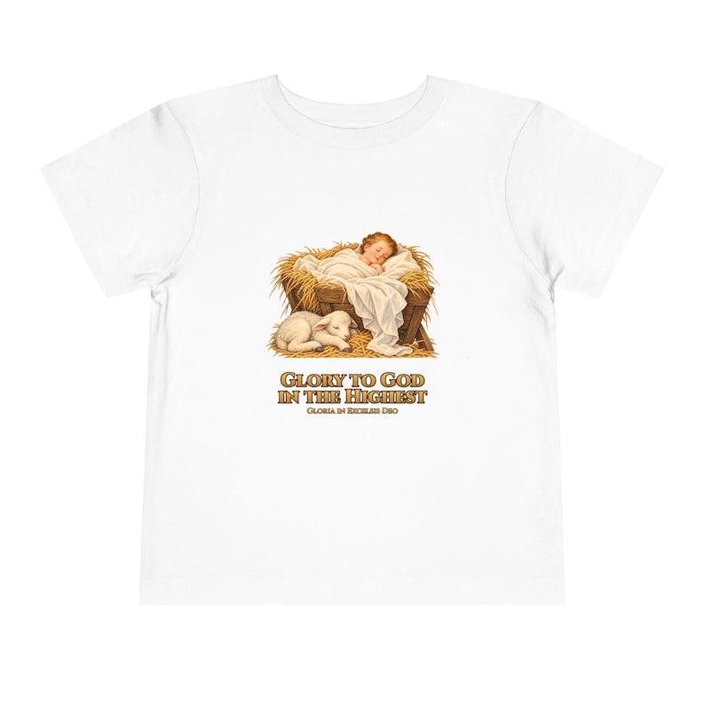 Toddler Glory to God in the Highest Tee, Nativity Christmas Shirt, Catholic Christmas Gift for Toddlers, Baby Jesus and Lamb image 1