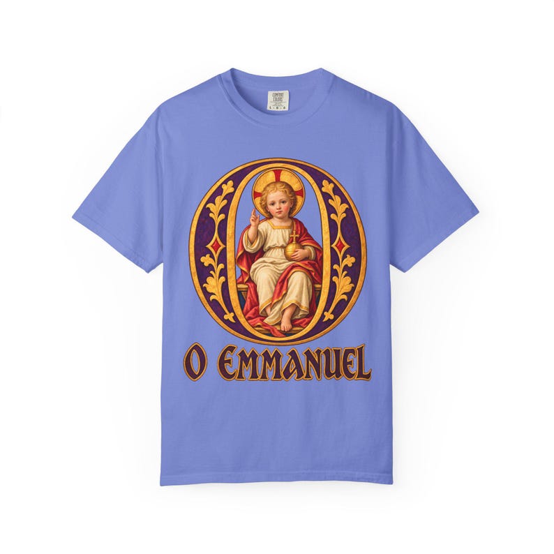 O Emmanuel Comfort Colors Shirt | Catholic Advent T-Shirt | O Antiphon Gift | Illuminated Letter with Christ Child image 10