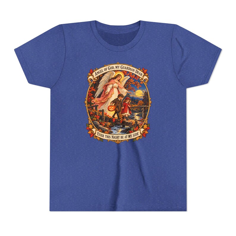 Camiseta infantil con la oración del Ángel de Dios, camiseta juvenil del Ángel Guardián, regalo católico para niños "Mi querido Guardián", arte vintage de puente otoñal. imagen 15