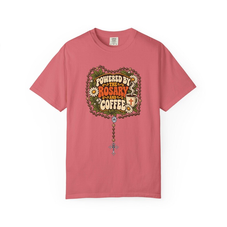 Funny Rosary and Coffee Tee, Retro Catholic Mom Gift, Caffeine Prayer Top for Women, Christian Humor Apparel for Teachers, Comfort Colors image 5