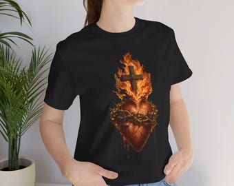 Flaming Sacred Heart Shirt, Realistic Jesus Cross and Crown of Thorns, Catholic Devotional Gift for Men, First Friday, Oil Painting Art