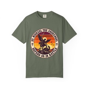 Retro St Michael Badge Tee, Defend Us in Battle Sunset, Archangel Slaying Dragon, Vintage Catholic Shirt, Men's Gift, Comfort Colors image 5