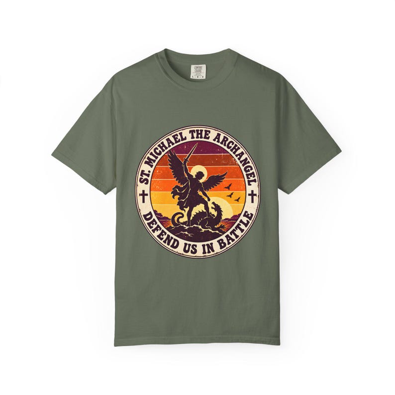 Retro St Michael Badge Tee, Defend Us in Battle Sunset, Archangel Slaying Dragon, Vintage Catholic Shirt, Men's Gift, Comfort Colors image 5