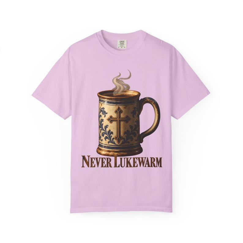 Never Lukewarm Comfort Colors Shirt | Christian Coffee T-Shirt | Gift for Coffee Lover | Stoneware Mug with Cross image 8