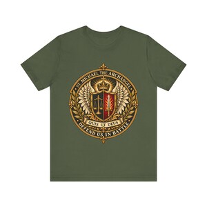 St Michael the Archangel Crest Shirt, Defend Us in Battle Tee, Winged Shield Scales and Sword, Catholic Men's Gift, Police Patron Apparel image 3