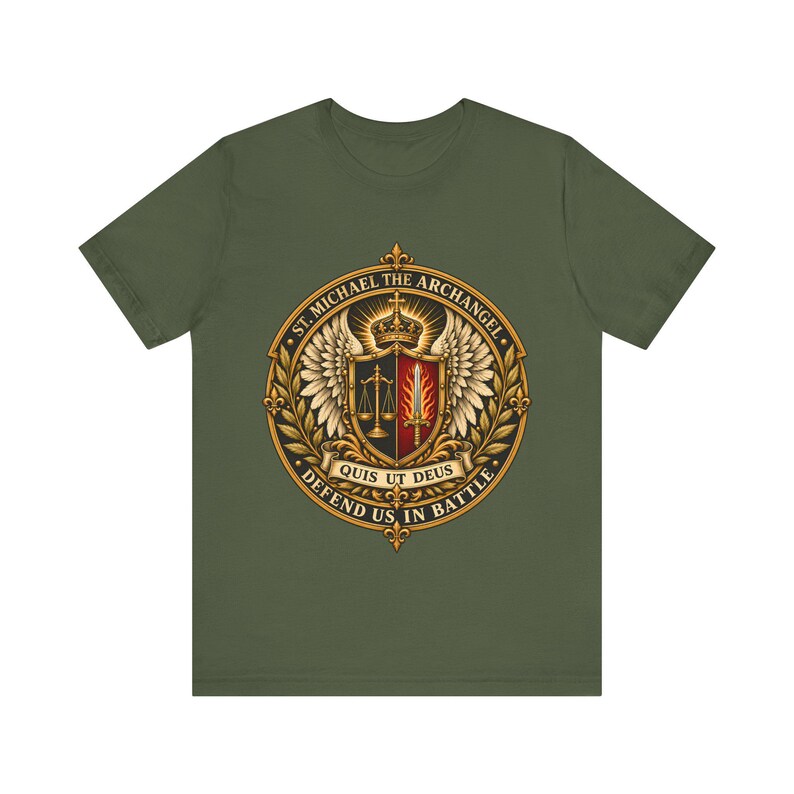 St Michael the Archangel Crest Shirt, Defend Us in Battle Tee, Winged Shield Scales and Sword, Catholic Men's Gift, Police Patron Apparel image 3