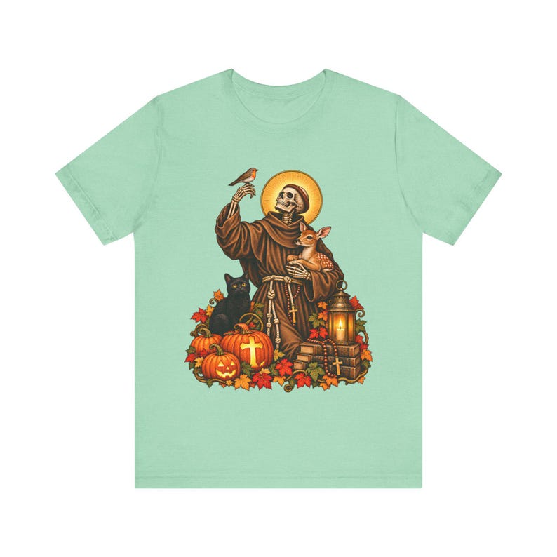 Skeleton St Francis Shirt | Catholic Halloween T-Shirt | Animal Lover Gift | Spooky Saint with Deer and Cat image 5