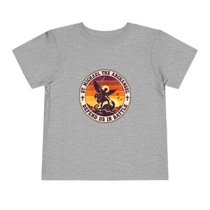 Toddler Retro St Michael Badge Tee, Defend Us in Battle Shirt, Catholic Gift for Toddlers, Archangel Slaying Dragon Sunset image 10