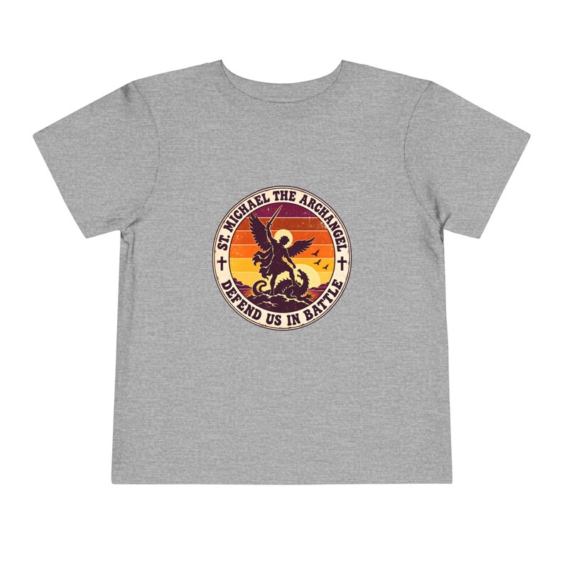 Toddler Retro St Michael Badge Tee, Defend Us in Battle Shirt, Catholic Gift for Toddlers, Archangel Slaying Dragon Sunset image 10
