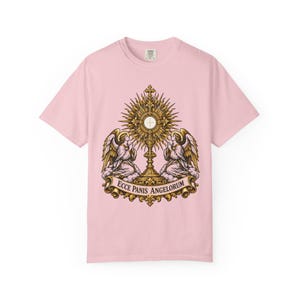 Monstrance Tee, Behold the Bread of Angels, Eucharist Adoration Gift for Priests or Deacons, Corpus Christi, Ecce Panis, Comfort Colors image 6
