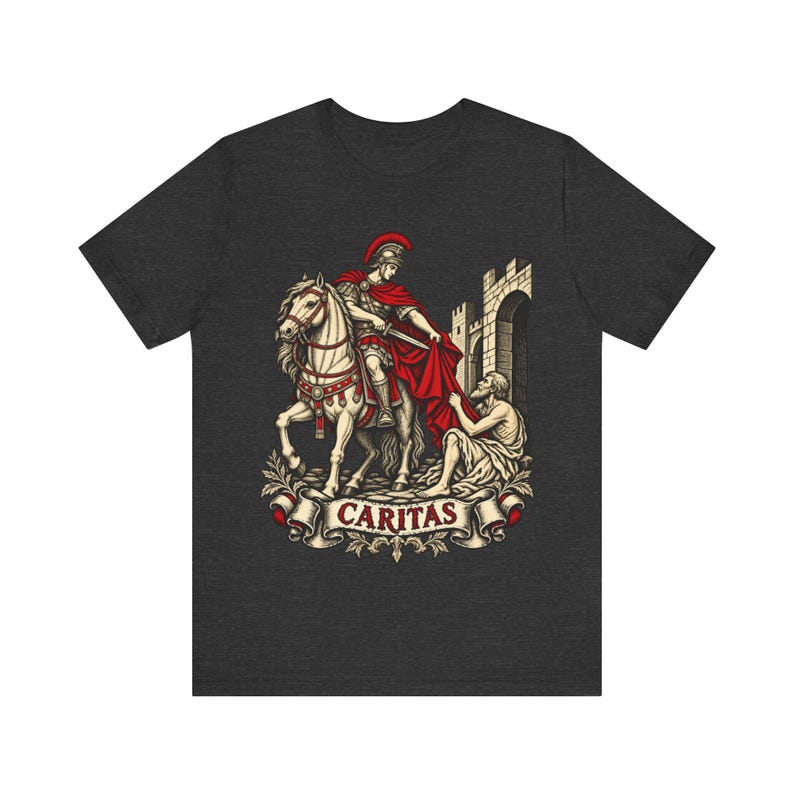 Camiseta de San Martín de Tours, Soldado romano compartiendo su capa, Camiseta Caritas, Regalo del santo patrón católico para hombres, Fiesta de San Martín 11 de noviembre imagen 6