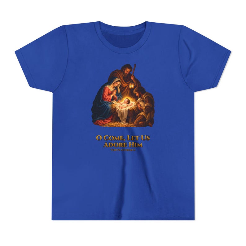 Kids O Come Let Us Adore Him Shirt, Youth Nativity Christmas Tee, Catholic Christmas Gift for Kids, Holy Family Venite Adoremus image 13