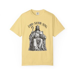 King of Kings Tee, Vintage Woodcut Jesus Enthroned, Solemnity of Christ Gift for Husband or Priest, Catholic Unisex Shirt, Comfort Colors image 4