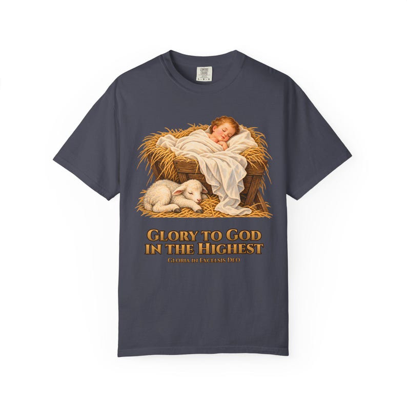 Glory to God in the Highest Comfort Colors Shirt | Catholic Christmas Nativity T-Shirt | Christmas Gift | Christ Child with Lamb image 8