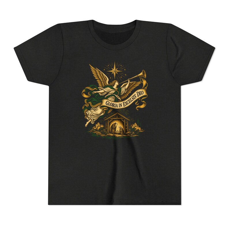 Camiseta infantil del Ángel de la Natividad, Camiseta juvenil Gloria in Excelsis Deo, Regalo católico de Navidad para niños, Representación navideña de la Estrella de Belén imagen 7
