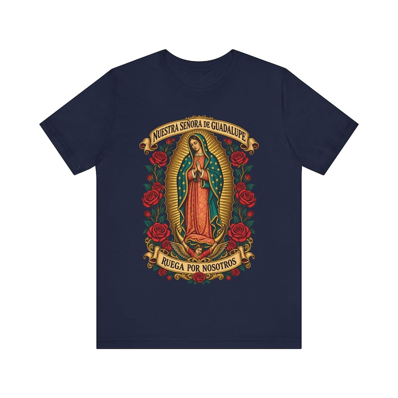 Guadalupe Shirt, La Guadalupana Ornate Virgen Morena Tee, Ruega por Nosotros, Our Lady of Tepeyac Holy Card Art, Mexican Gift for Mom image 6