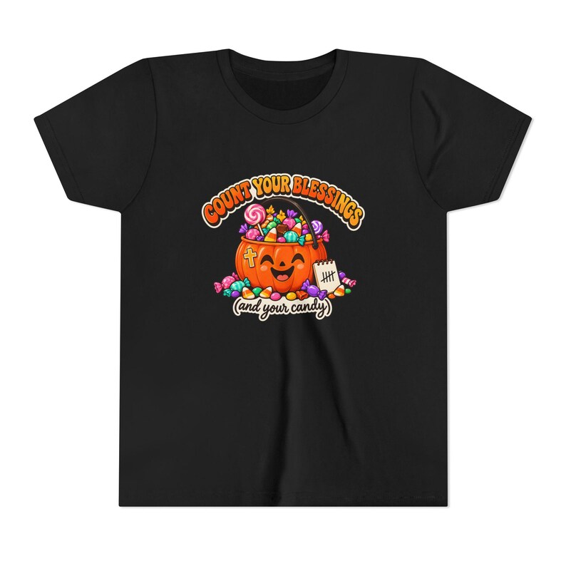 Camiseta cristã de Halloween, abóbora de doces "Conte suas bênçãos", camiseta juvenil de outono imagem 2