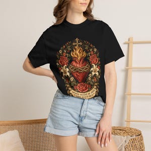 Floral Sacred Heart Tee, Cottagecore Cor Jesu with Wildflowers, Have Mercy Prayer Gift for Mom, Botanical Christian Apparel, Comfort Colors image 1